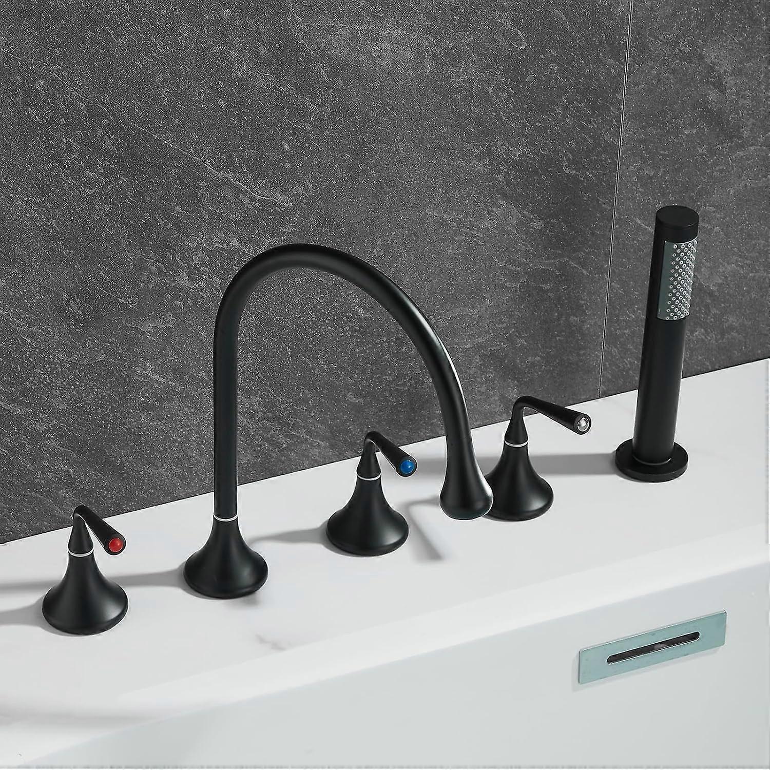 5Hole Bathtub Faucet Set with Handheld Shower, 360° Swivel Spout, Dual Handle Black Finish