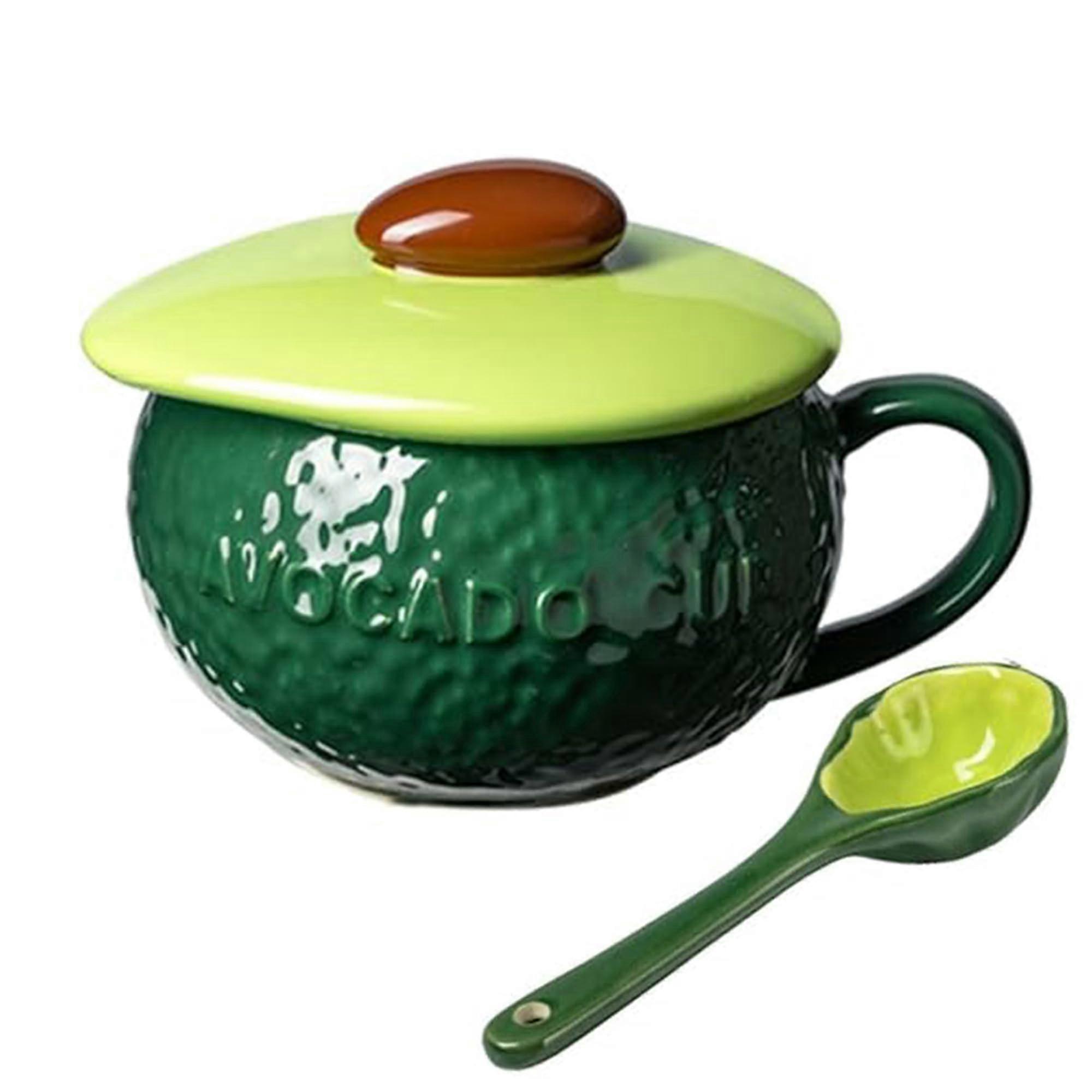 Ceramic Coffee Mug with Lid and Spoon, 10.15oz Green Avocado Design for Latte, Soup, Tea