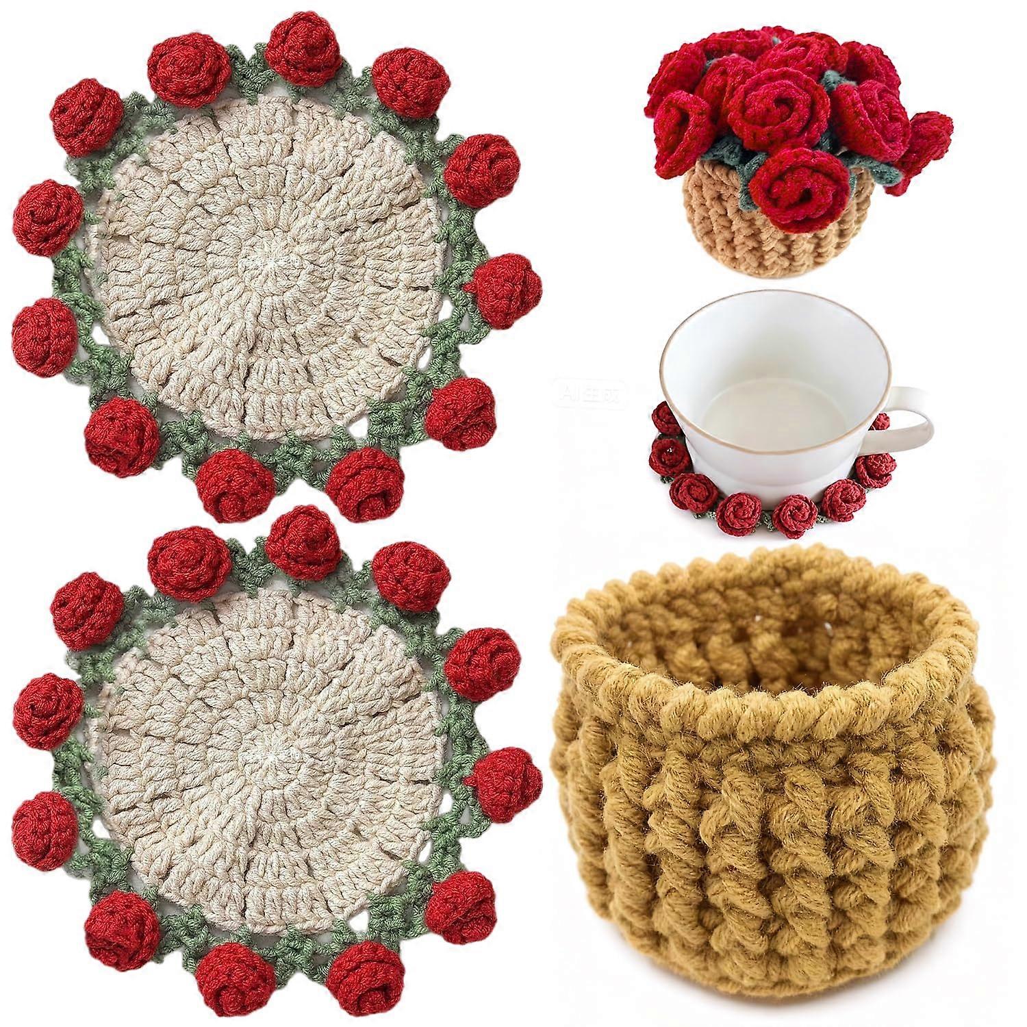 Crochet Coaster Set with Mini Basket, Handmade Red Rose Boho Coasters for Coffee Table Decor