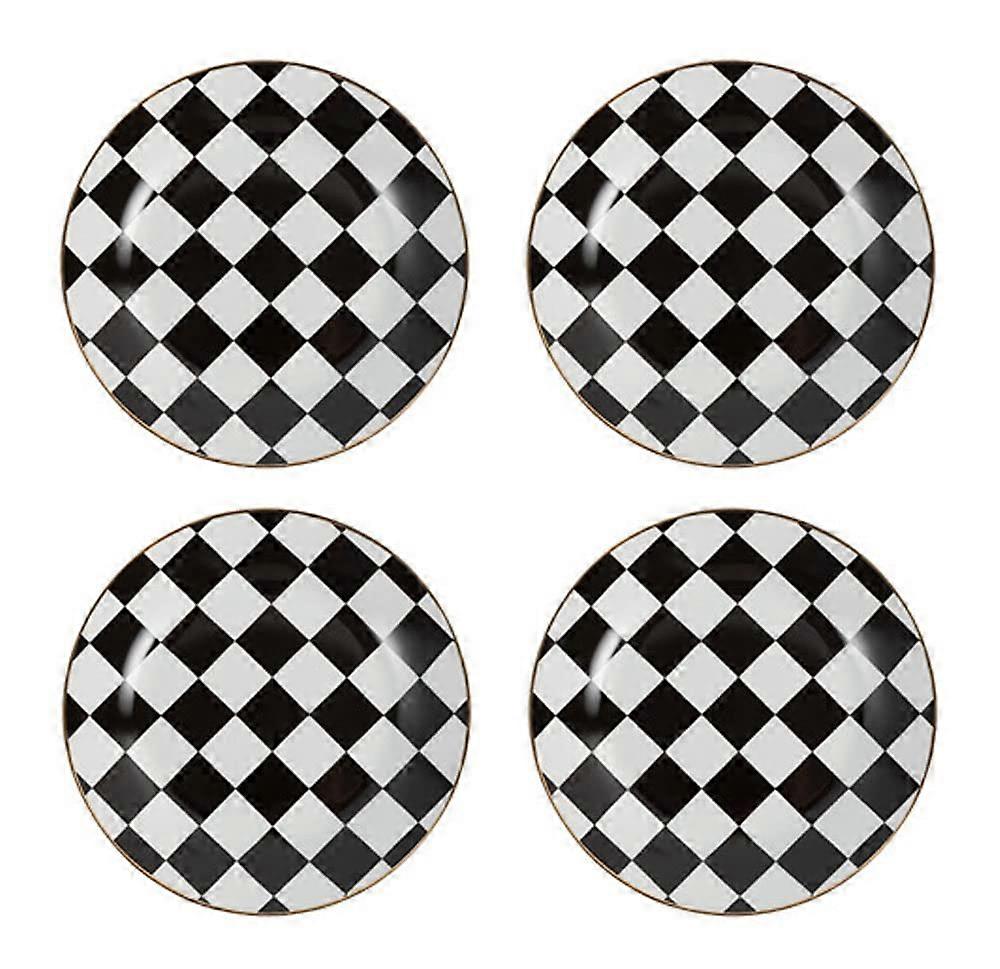 Ceramic Dinner Plates Set of 4 with Elegant Black and White Checkerboard and Gold Rim Design