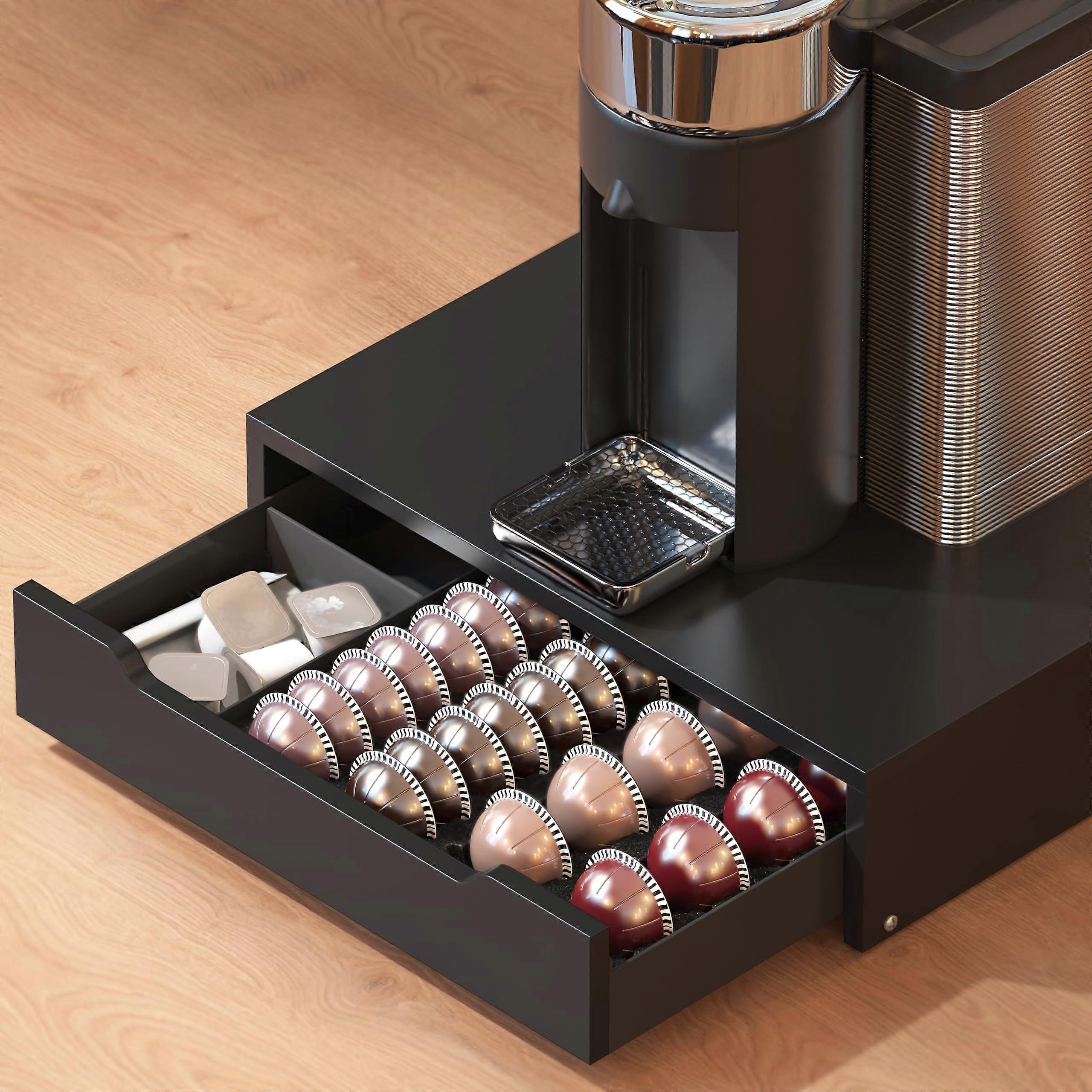 Capsule Holder Drawer with Adjustable Side Storage, Wood  Stand, Black for Nespresso Vertuo