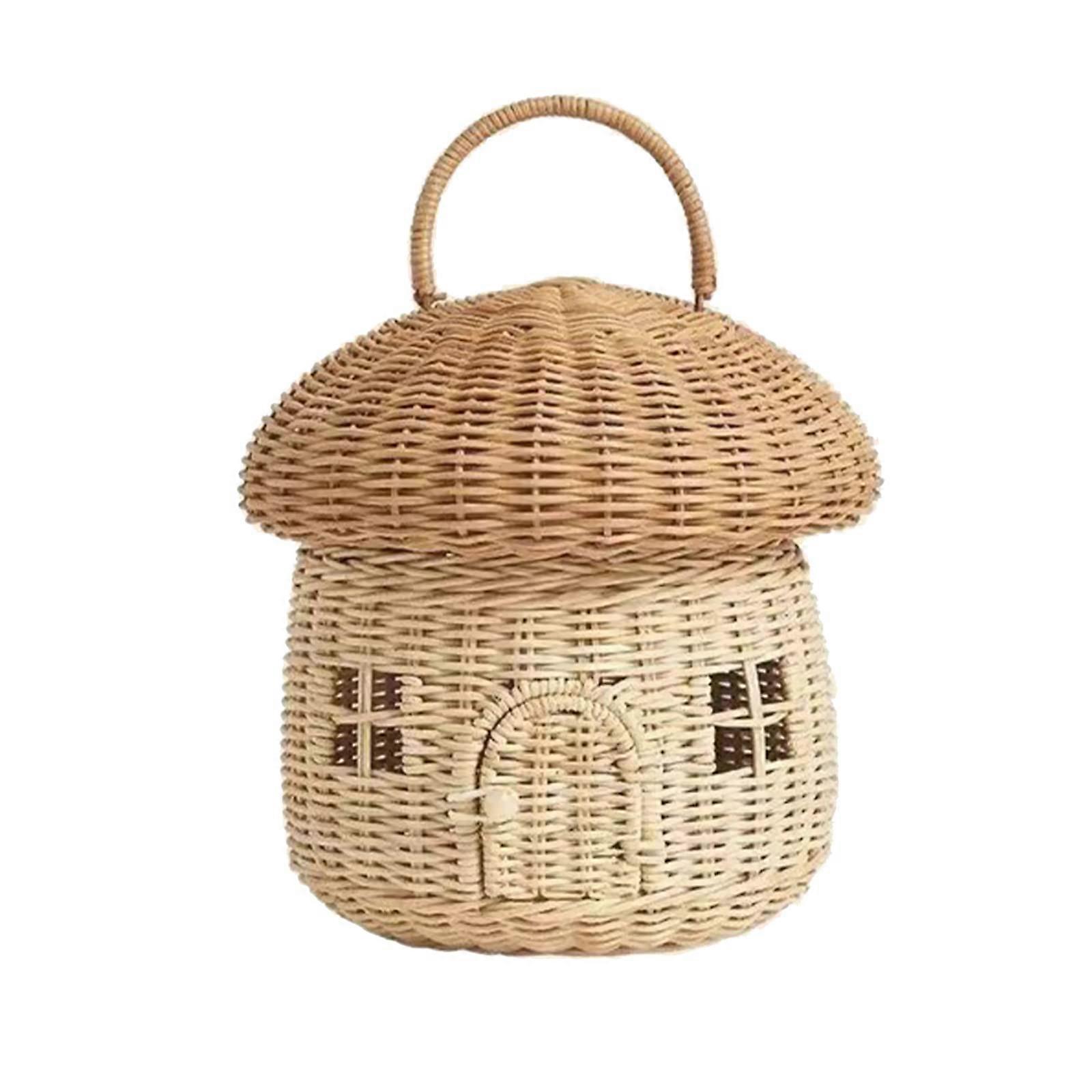 Rattan Basket with Lid and Handle Handwoven Mushroom Design EcoFriendly Storage 25x25cm