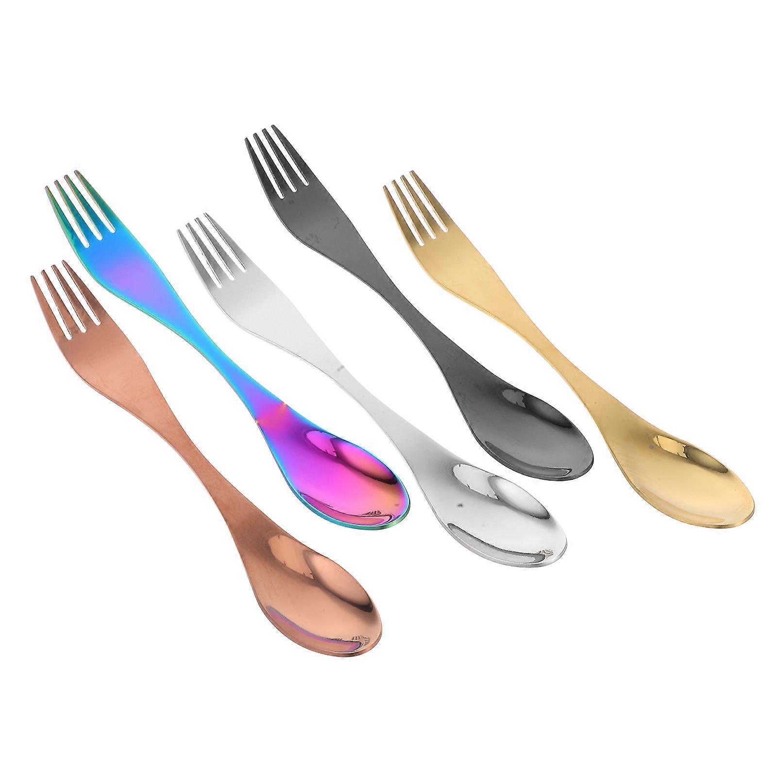 Spoon Fork Combo Stainless Steel for Eating 5Pcs 2-in-1 Modern Tableware