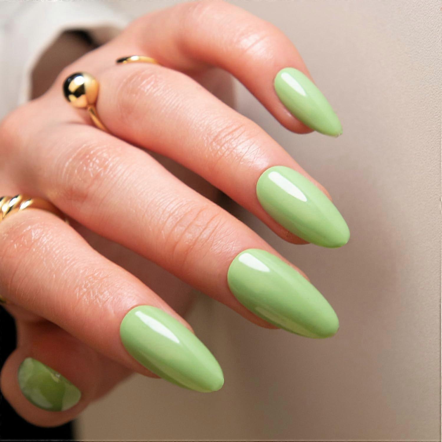 Press On Nails Glossy Green Almond Shape Medium Length Reusable Tips 24pcs with Storage Box