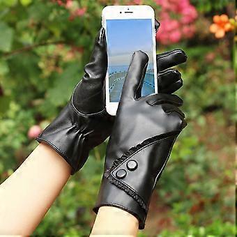 1 paar dameshandschoenen van imitatieleer met touchscreen-functionaliteit, zacht, met volledige vingers, pluche, warm, elegant, glad oppervlak, dameswinterhandschoenen voor paardrijden.