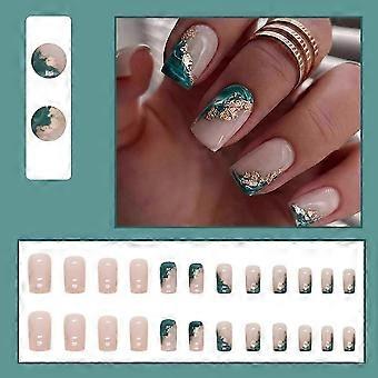24 stuks middelgrote vierkante plaknagels, nude met goudfolie en blauwe marmering, acryl nepnagelset