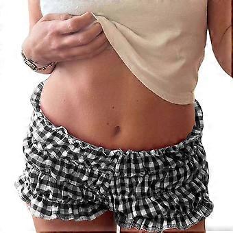 Women Ruffle Edge Checekred Bloomers Shorts Low Rise Frilly Pajama Bottoms Homewear Loungewear Sleepwear Pettipants Black L