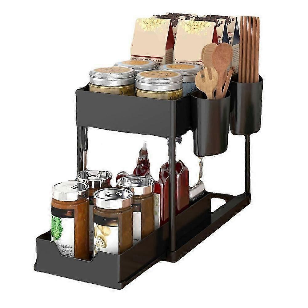 Multifunctional Kitchen Rack Pull-Out Spice Rack Double-Layer Cabinet Storage Rack Black