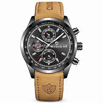 BINBOND Men's Quartz Watch Yellow Leather Strap Black Steel Case Black Dial Chronograph Date JY
