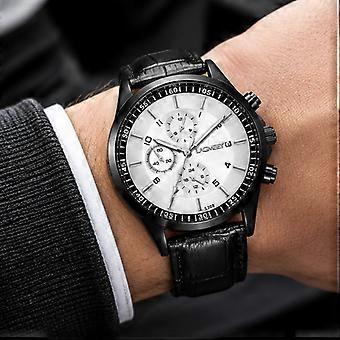 Reloj deportivo para hombre, caja negra, esfera blanca, correa de cuero, tres subesferas, luminiscente, resistente al agua, JY