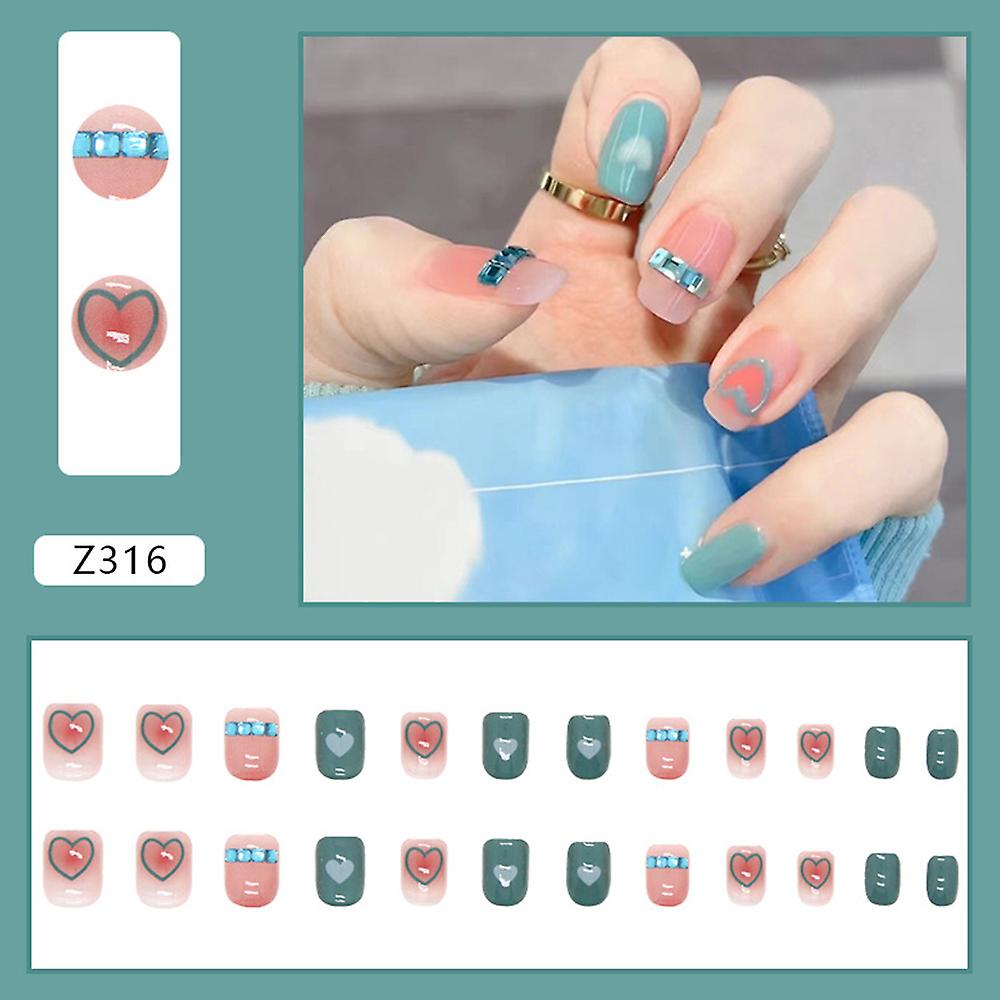 Blue Pink With Rhinestone Decor False Nail Sweet & Charming Reusable False Nails