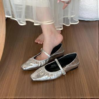 Frühlingsschuhe 2026 für Damen, silberfarben, im Mary Jane Stil, bequem, im Streetstyle-Look, mit weicher Sohle, flache Damenschuhe.