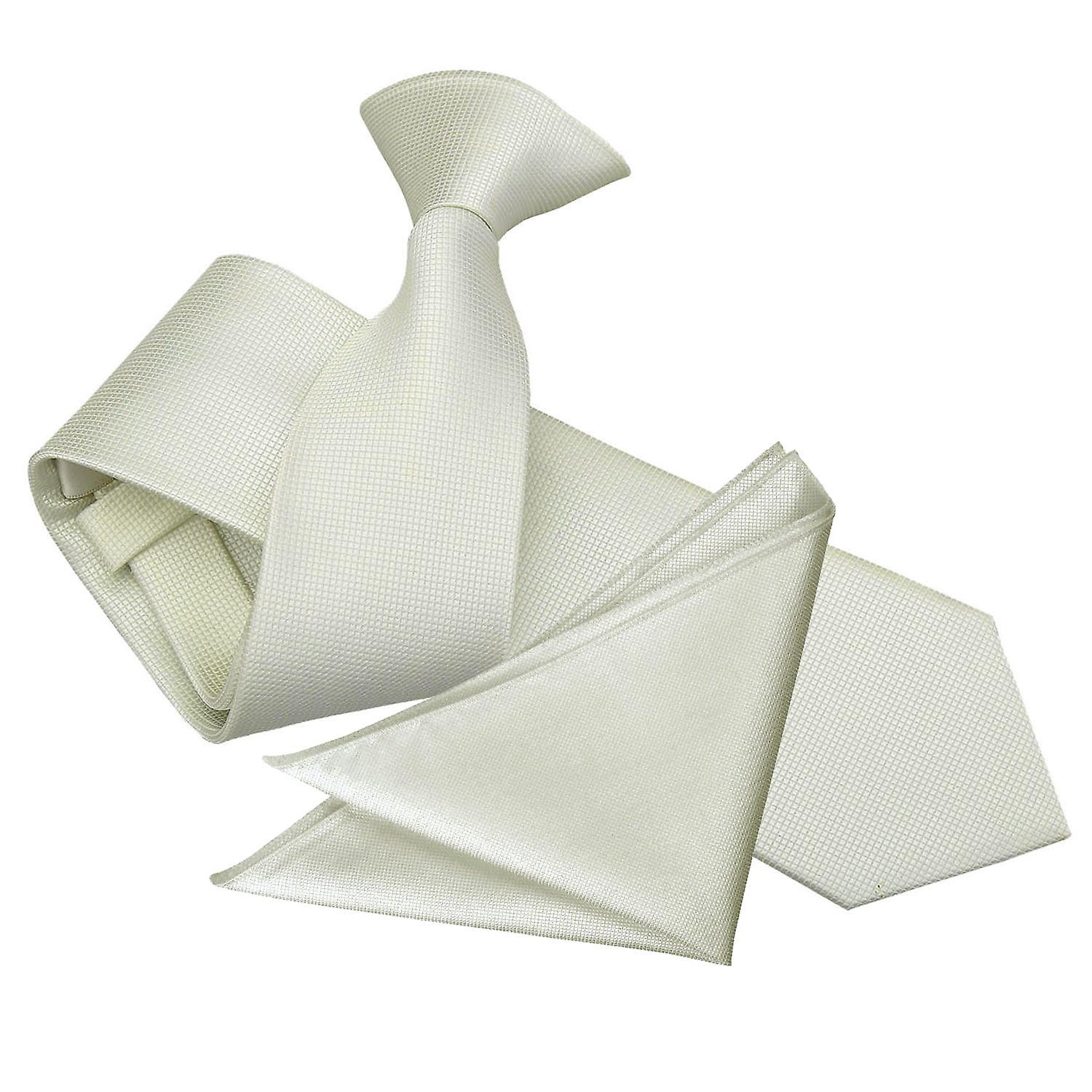 Ivory Solid Check Clip On Slim Tie and Pocket Square Set