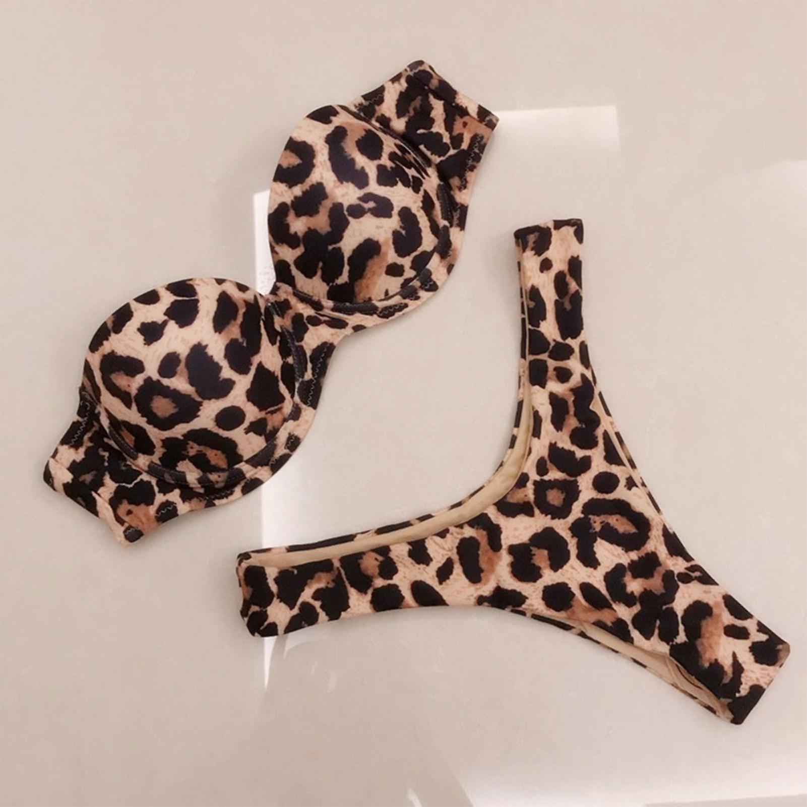 Low-cut Collar Strapless Bikini Set Leopard Print Stylish Bikini Swimsuit For Summer Beach And Vacation