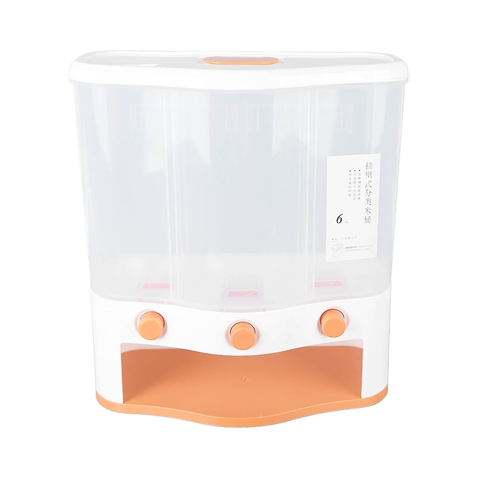 Grain Dispenser Box 3 Grid Grain Dispenser Box 6L Large Capacity Transparent Window Rice and Grain Storage Container with Lid for Dry Food(Orange)