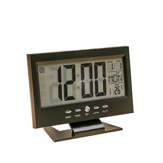 Sound Sensor Light Up LCD Digital Table Alarm Clock Calendar Temperature Display