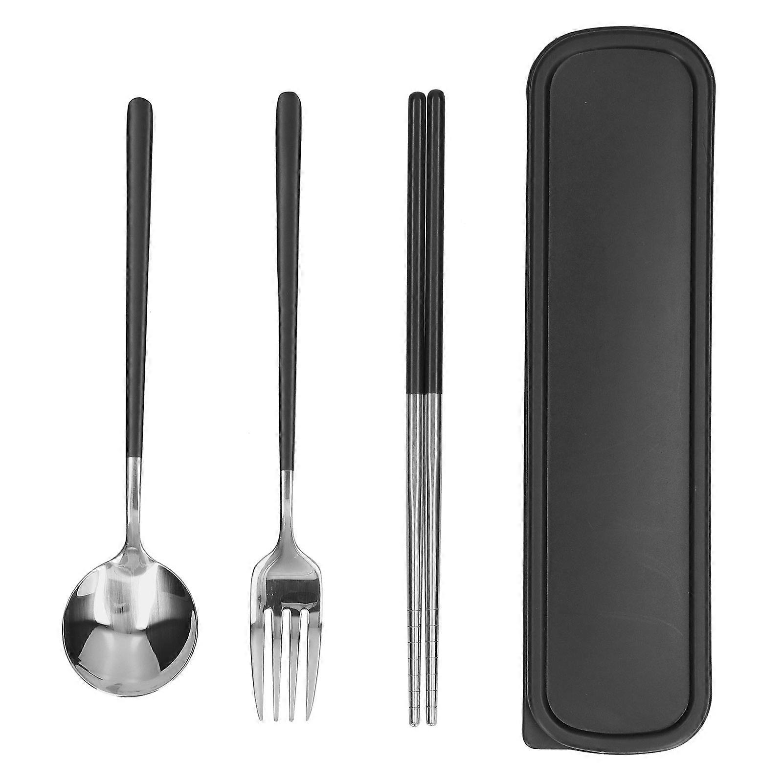 3Pcs/Set Stainless Steel Paint Tableware Set Chopstick Spoon Fork Kit for Kitchen OfficeBlack Silver