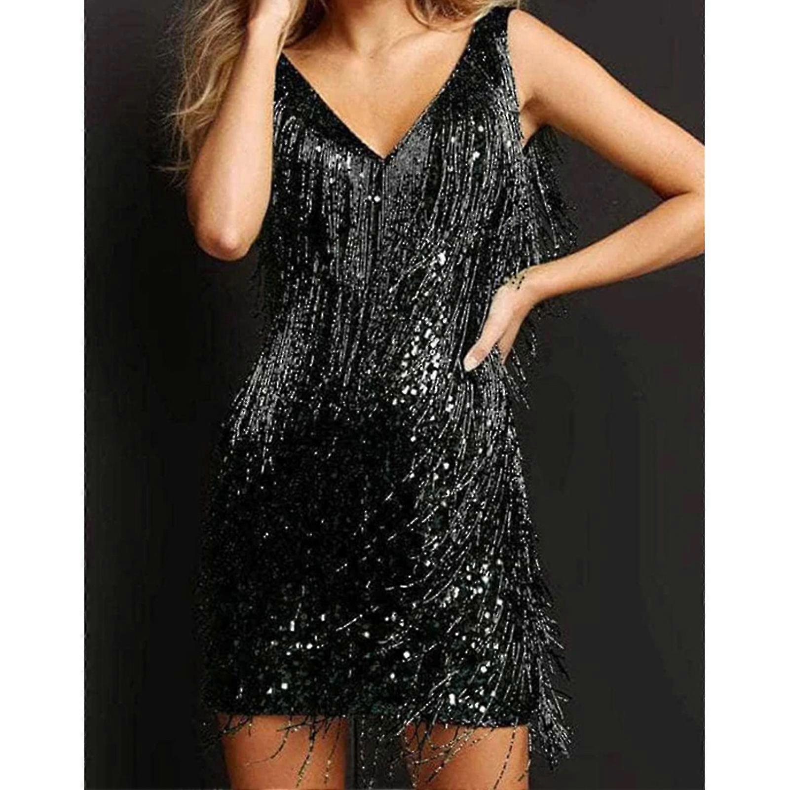 Kadınlar için Kokteyl Elbiseleri Derin V Yaka All-Over Püskül Spagetti Askıları Elbise Kokteyl Akşam Mini Elbise-YuJia