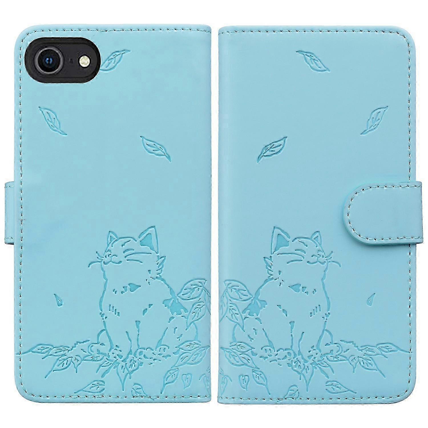 For iPhone SE (2024) Case Wallet Cat Pattern Imprinted Leather Phone Cover - Sky Blue