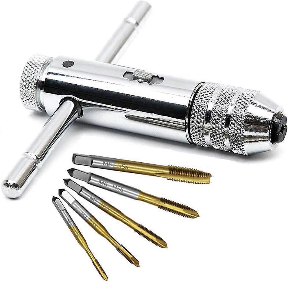 Adjustable Silver T-Handle Ratchet Tap Holder Wrench with 5pcs Gold M3-M8 3mm-8mm Machine Screw Thread Metric Plug T-shaped Tap