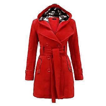 Women\'s Hooded Coat with Belt Double-breasted Long-Sleeve Coat