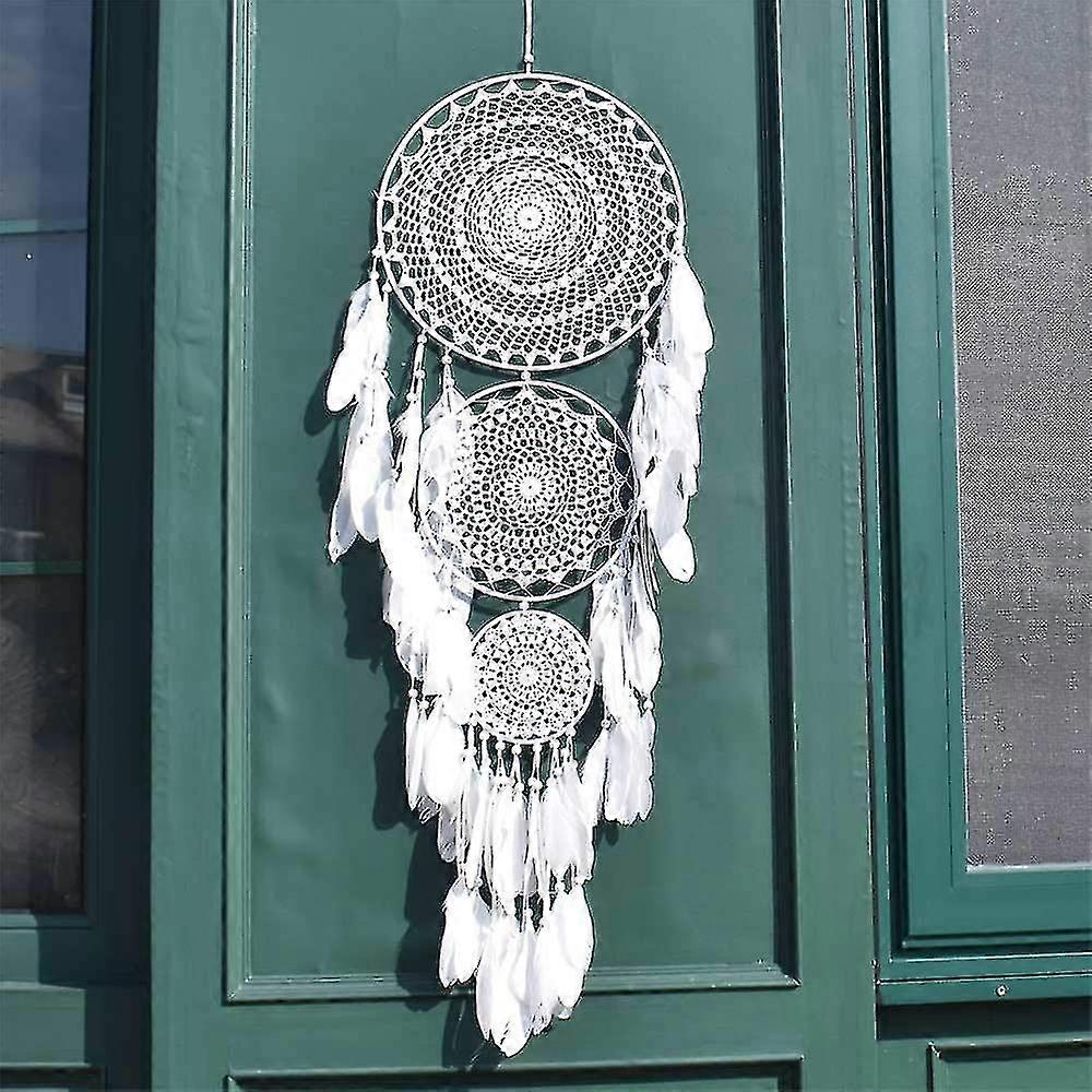 Large Dream Catcher With 3 Circles, White Macrame Feathers To Hang For Vintage Wedding Decoration 35cm Circle 110cm Long