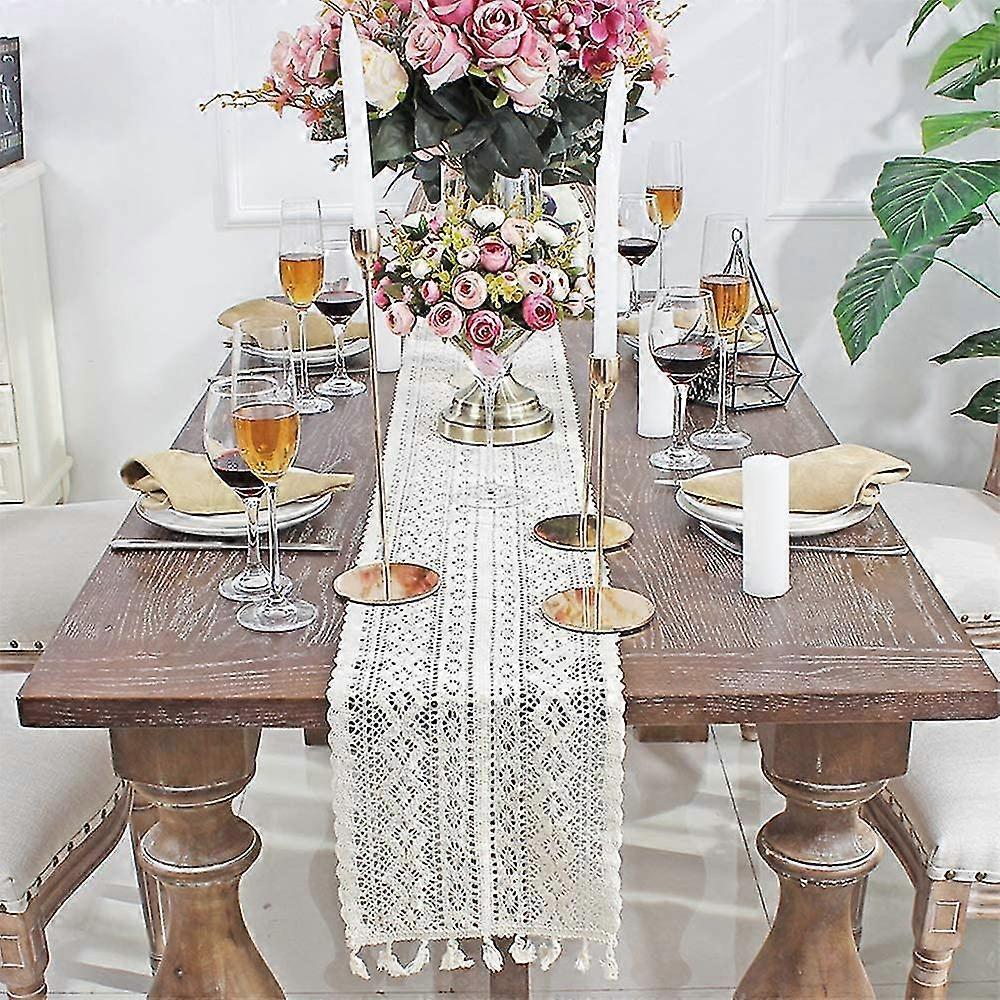 Beige Macrame Table Runner Rectangular Crochet Lace Elegant Hollow Mesh Tablecloth For R