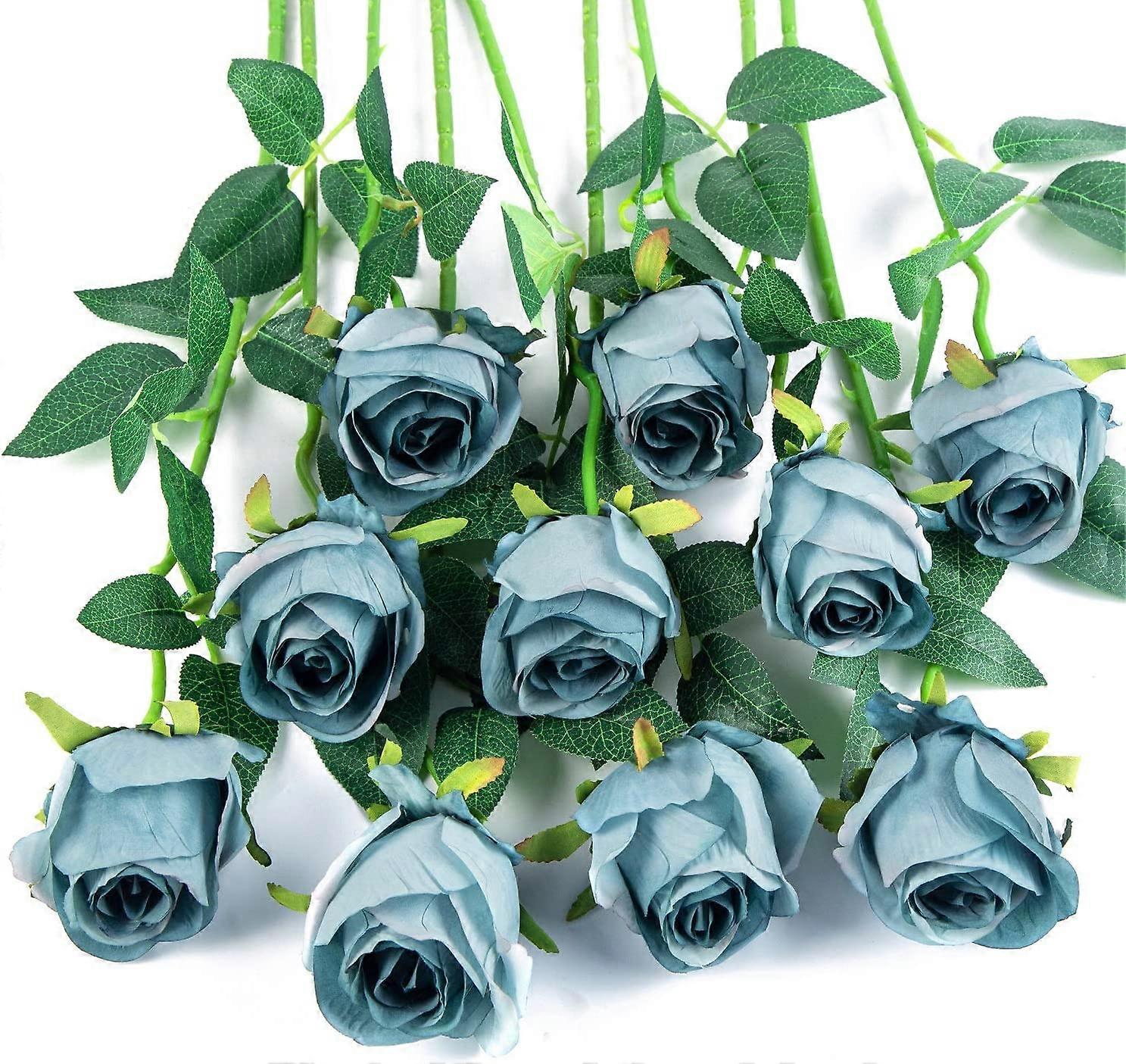 10pcs Artificial Rose Flowers Long Stem Silk Roses(Blue)