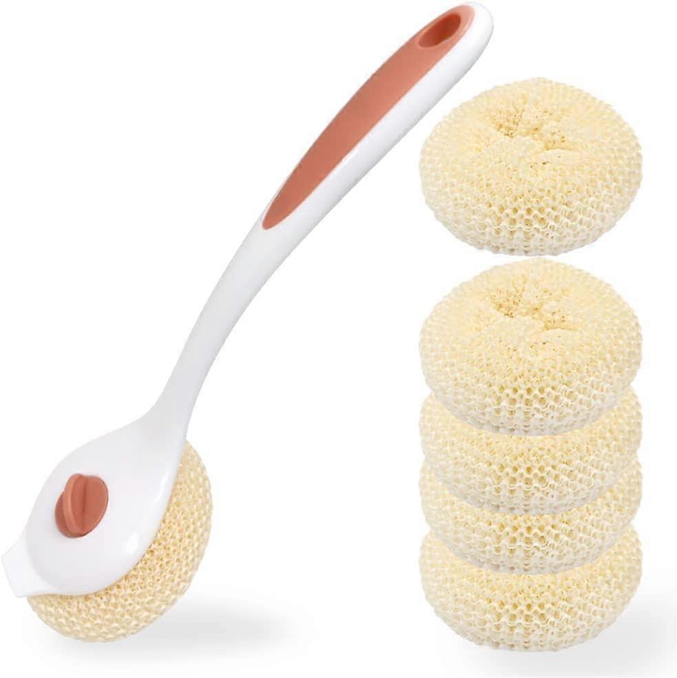 Long Handle Dish Scrubber with 5 Replacement Heads (Pink)