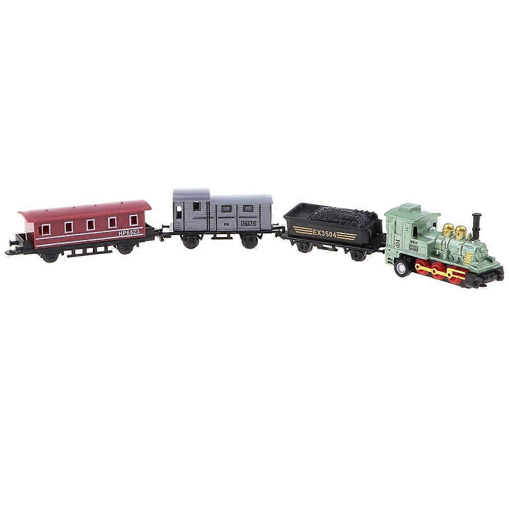 4 Adet Yeşil Mini Buharlı Tren Seti, 1 Lokomotif Motoru ve 3 Demiryolu Vagonu, Çocuk Yürümeye Başlayan Çocuk Eğlenceli Oyuncak Koleksiyon