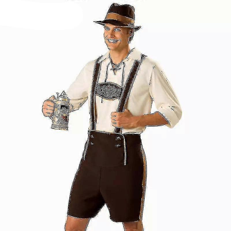 Costume Bavarois Homme Oktoberfest - Pantalon Cuir, Chemise à Carreaux, Bretelles - Tenue Traditionnelle Pour Fête Et événements