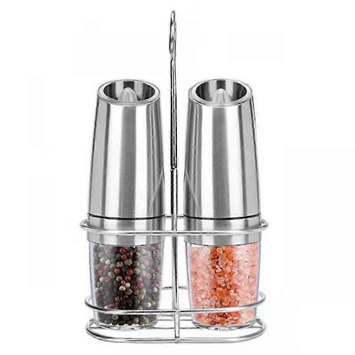 2pcs Salt And Pepper Grinder Electric Gravity Grinder+bracket Automatic Mill Set With Adjustable Co