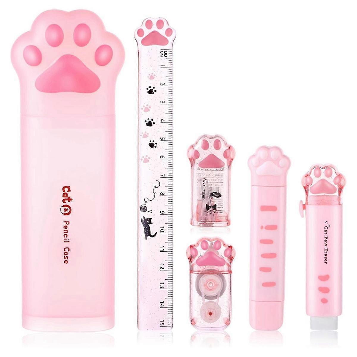 Ensemble de papeterie pour chat mignon, 6 Pcs Kawaii Cat Stationary Kit Crayon Taille-crayon Rétractable Gomme Correction Ruban Règle