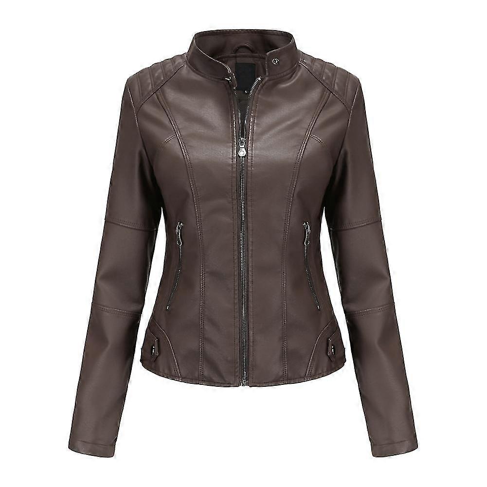 בגדי ריקוד נשים צבע אחיד רזה דמוי עור מעיל רוכסן אופנוע דמוי עור מעיל עור