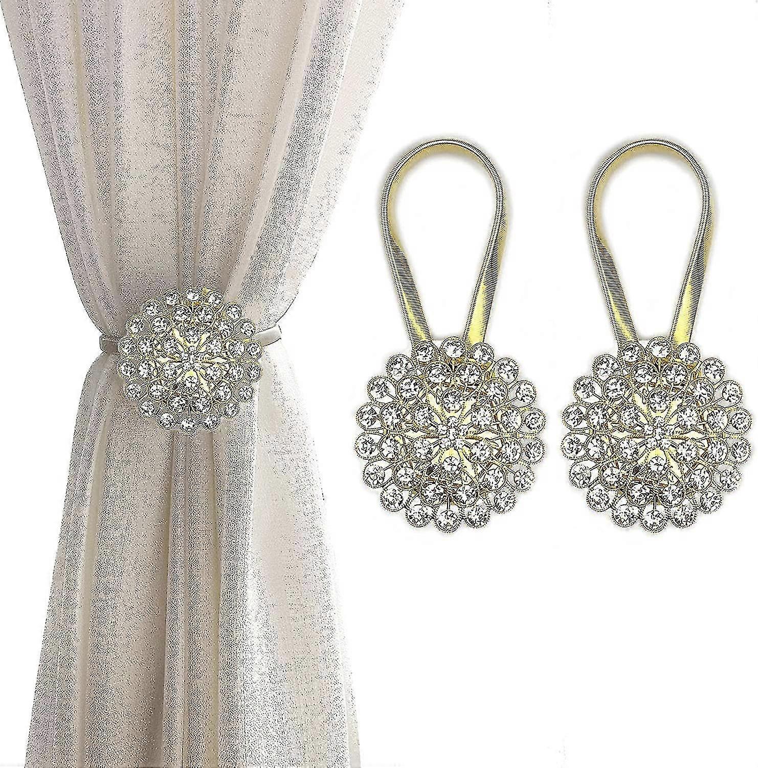 Magnetic Curtain Tiebacks 2 Pack Sparkling Crystal Flower Curtain Tiebacks With High Elasticity Spring Wire For Home Office Decoration