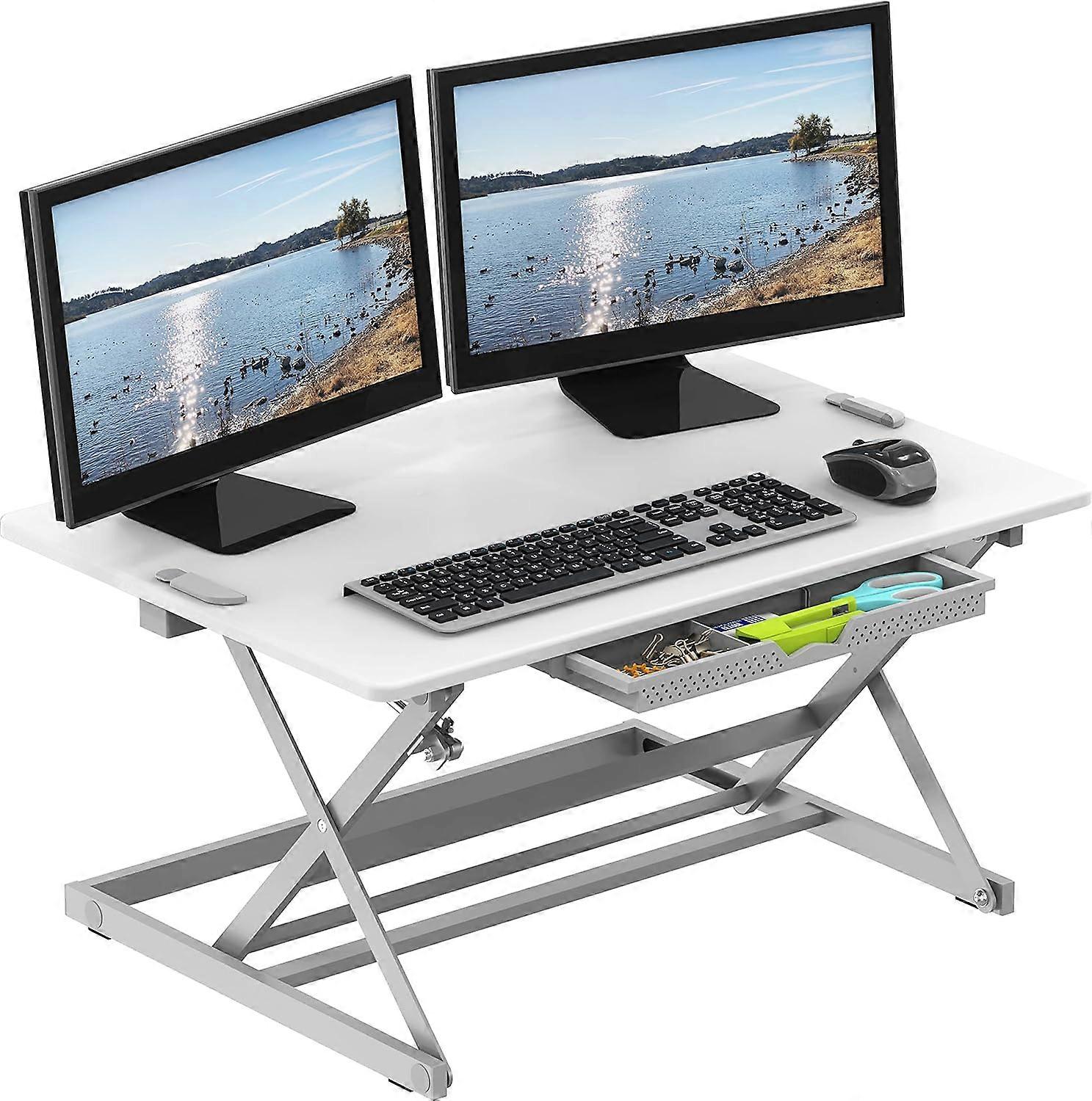 Height Adjustable Sit to Stand Desk Converter Riser, 80 cm, Rustic Brown White