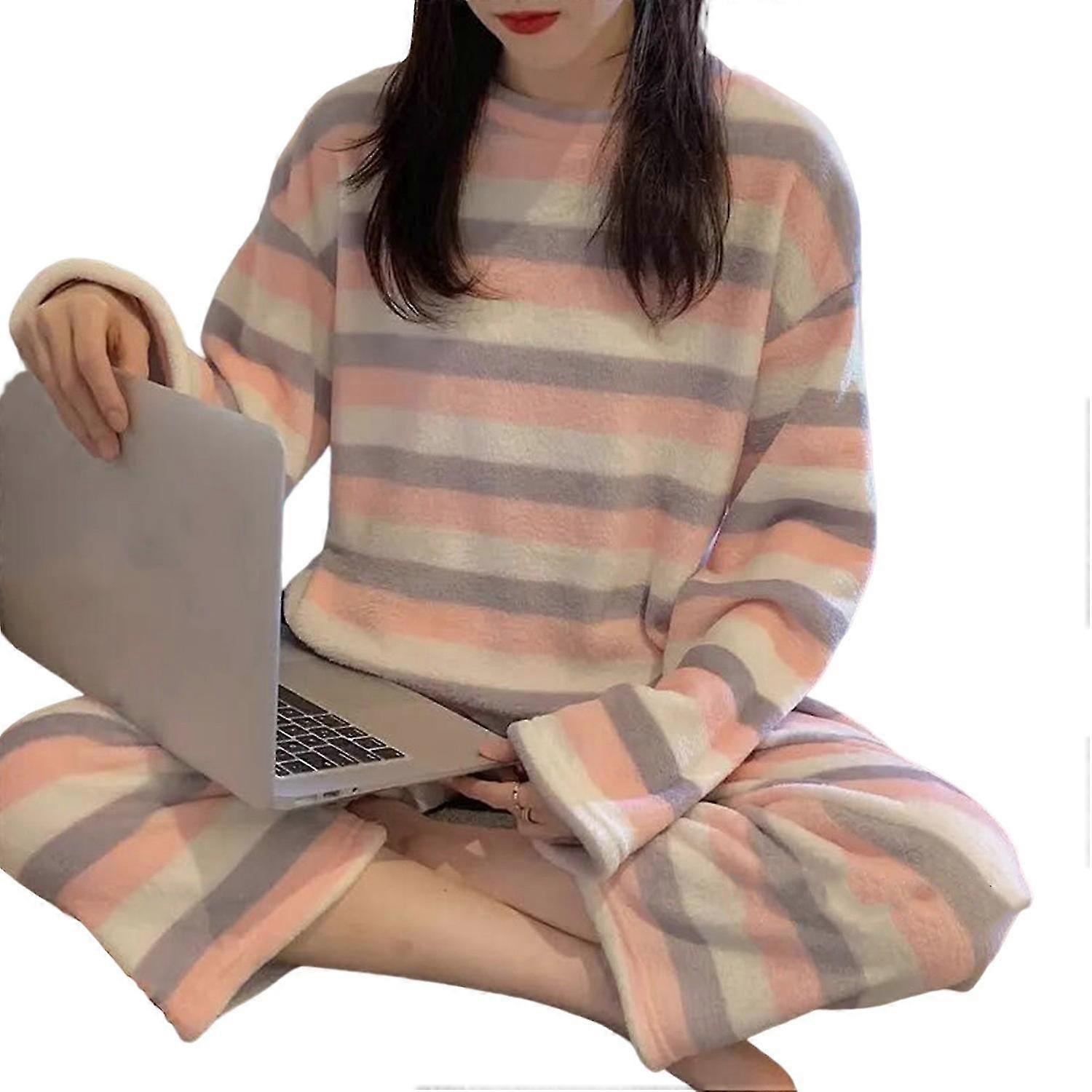 2 Pcs/Set Winter Loungewear Set Two Piece Set Sweet Warm Long Sleeves Pullover Peach Print Breathabl