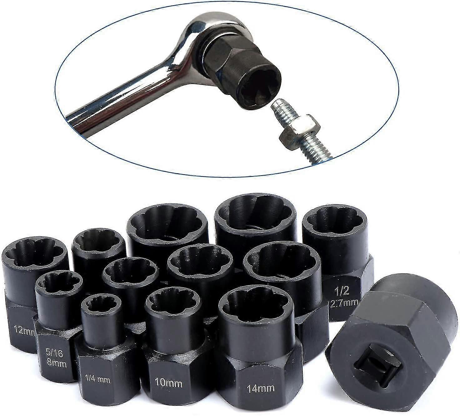 13 Piece Twist Socket Set - 9.5mm Damaged Bolt Extractor - For Removing Locking Wheel Nuts