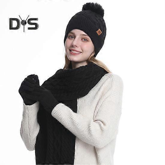 3Pcs/Set Winter Hat Scarf Gloves Set Women Plush Ball Decor Beanie Hat Knitted Long Scarf Touchscreen Gloves Set Twist Texture Plush Lining Warm Set
