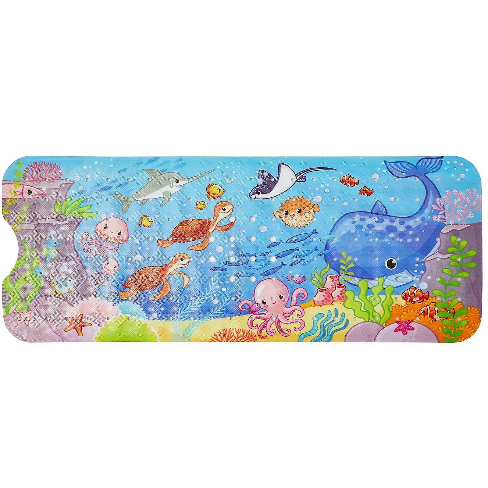 Non-Slip Cartoon Bath Mat 40x16 Inch Extra Long with Suction Cups, Drain Hole, Machine Washable, Soft Material