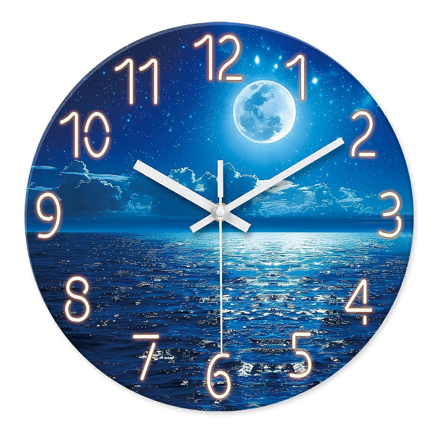 Blue Glass Round Moon Battery Powered Non-Ticking Cloud Wall Clock 14 Inch