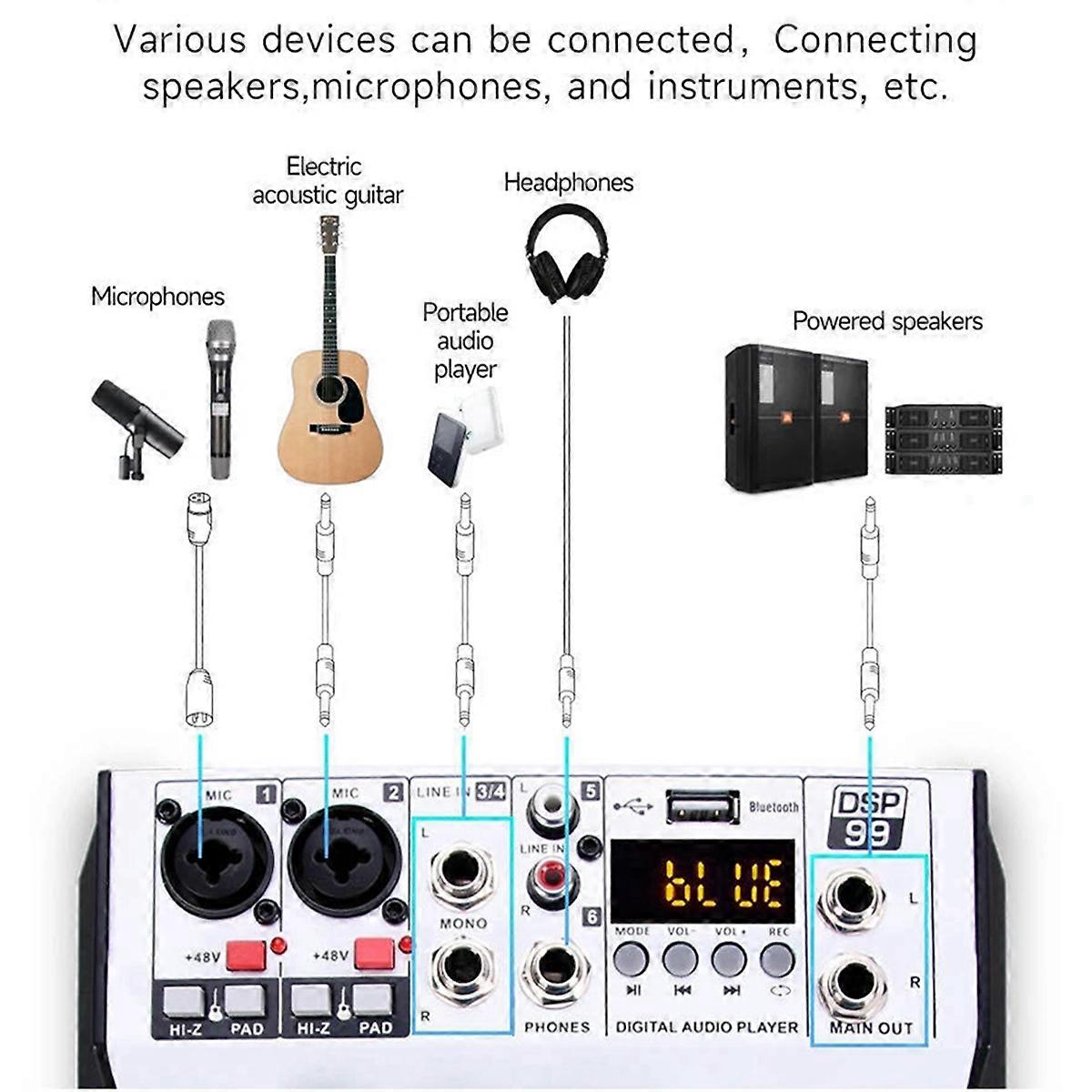 Professional Digital 4 Channel Audio Mixer Sound Mixing Console Stereo Mixers for DJ Recording Karaoke Bar EU Plug