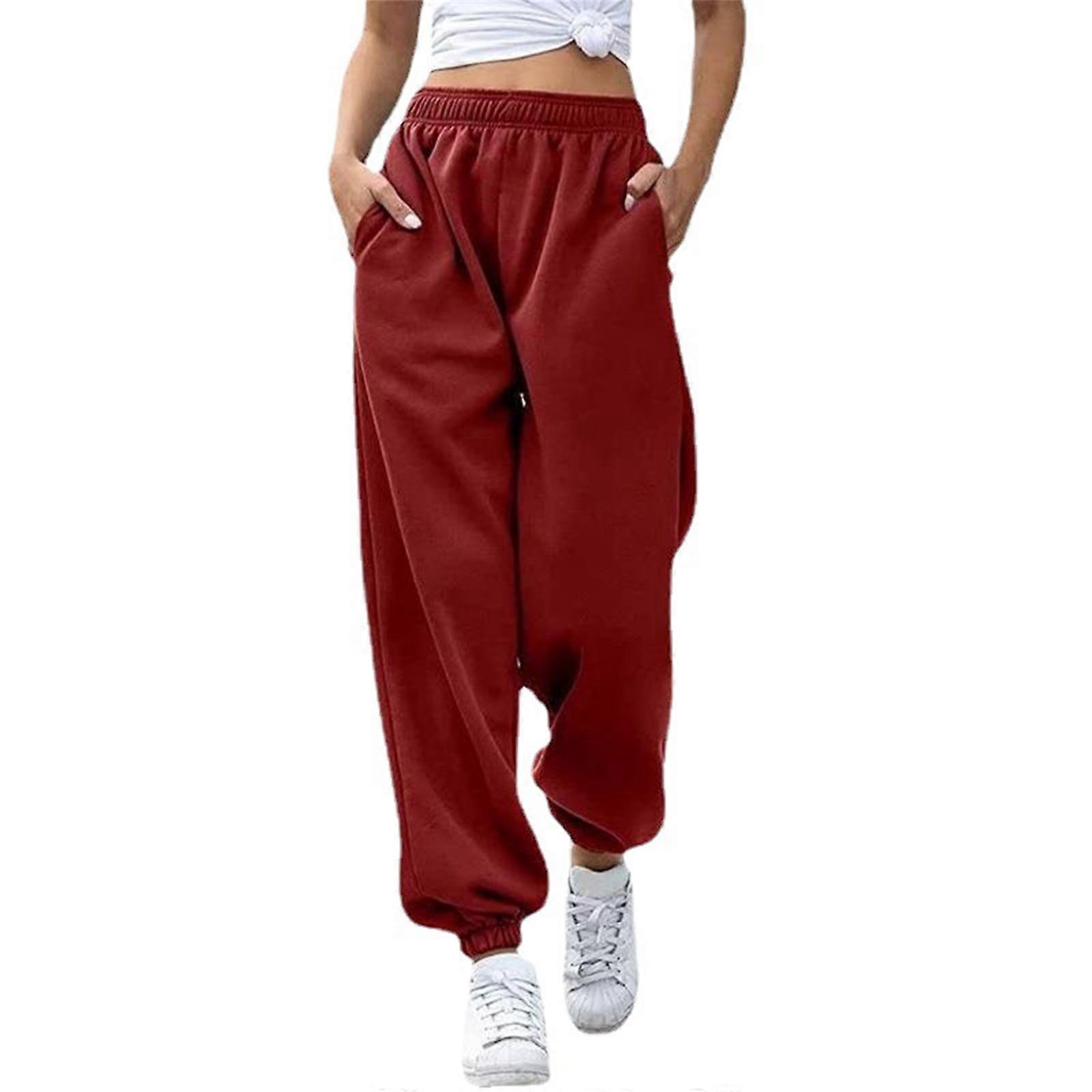 Women's Elastic High Rise Joggers Pants with Pockets for Workout and Daily Use Baggy Loose Sweatpants Athletic Trousers  Burgundy XL