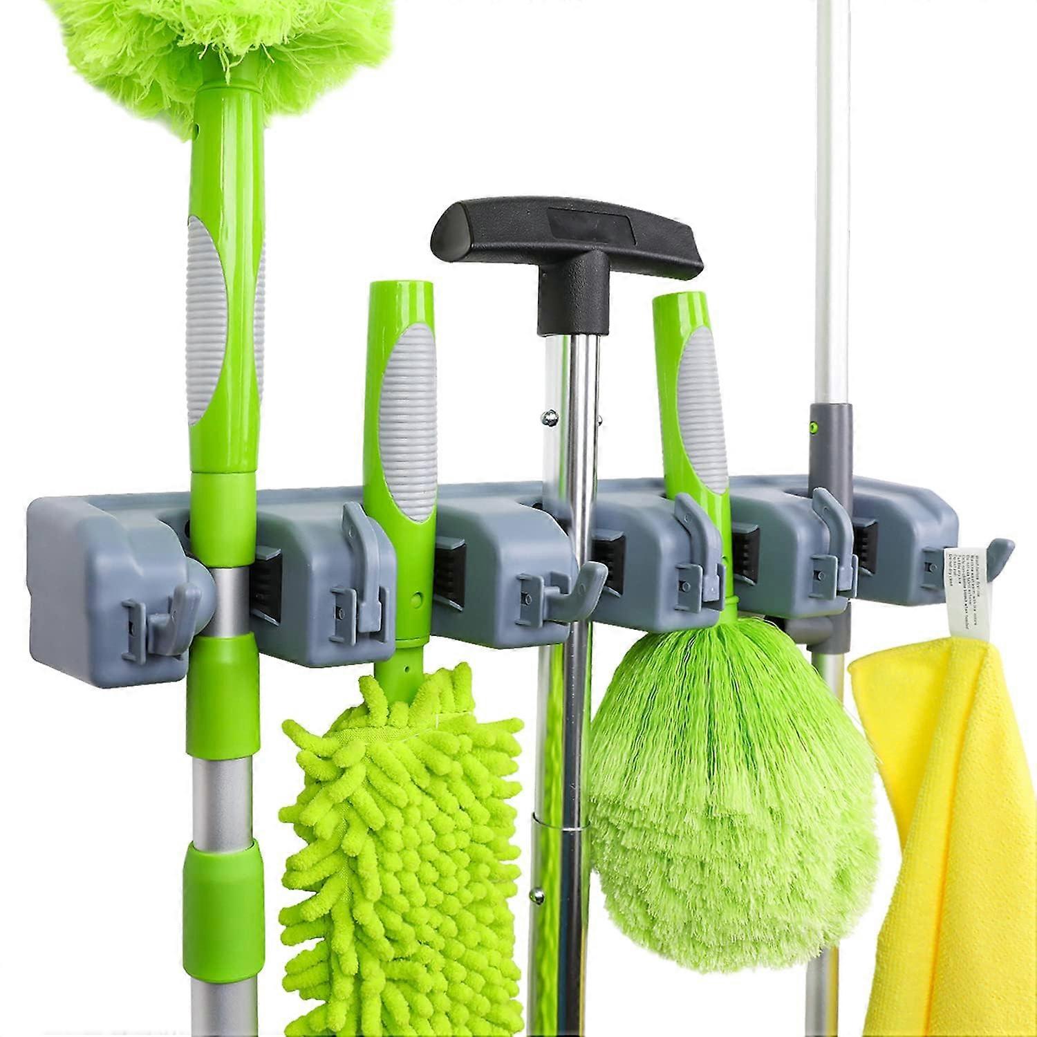 Rectangular Heavy-Duty Wall-Mounted Broom And Mop Holder, Tool Organizer Hooks And Slots, Gray, 16.75 x 3.35 x 2.36 In.