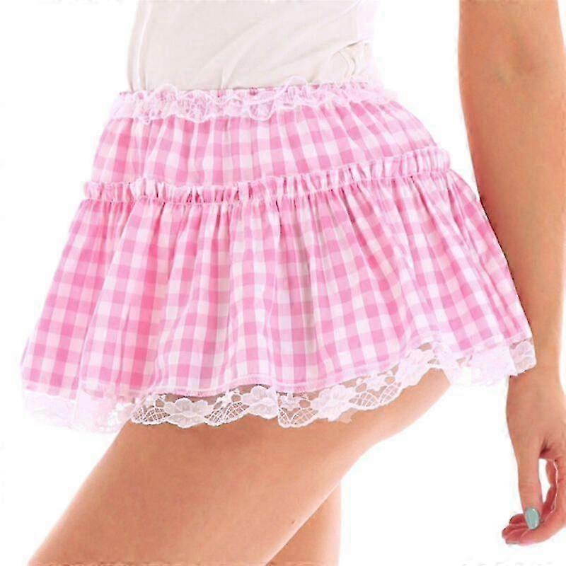 Women Men Ruffled Lace Hem Plaid Pleated Short Skirt Gingham A-line Mini Skirts