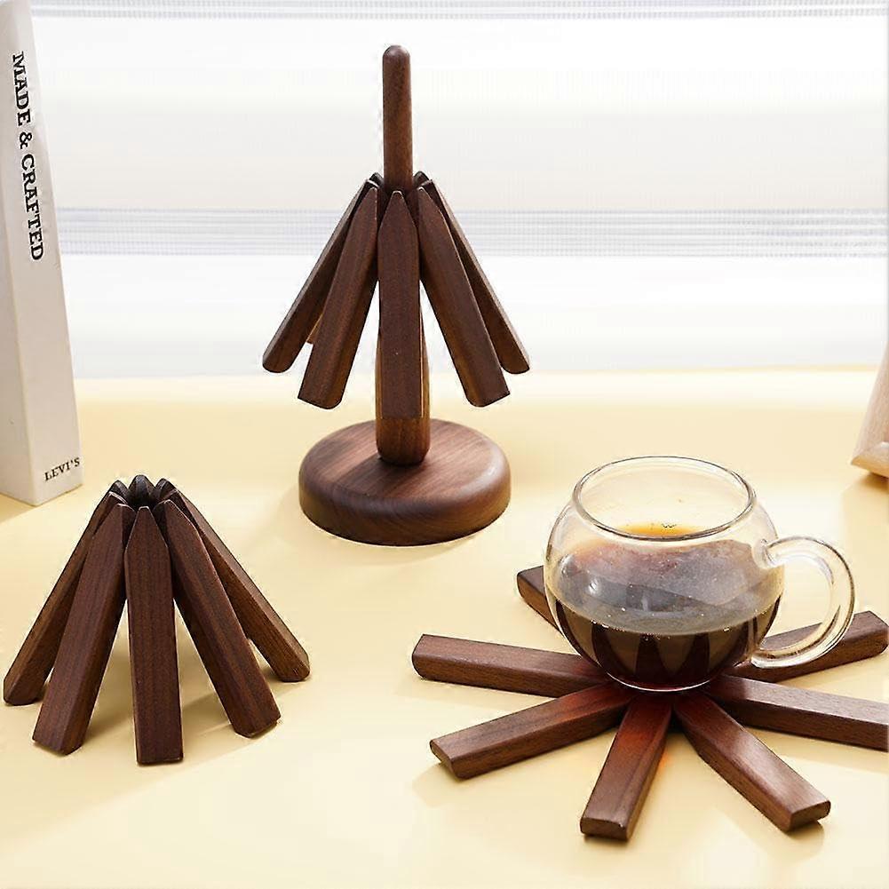 Wooden Tree Trivet Set for Hot Dishes, Insulated Wooden Trivets with Stand, Walnut Color, 3 Trivets and 1 Holder