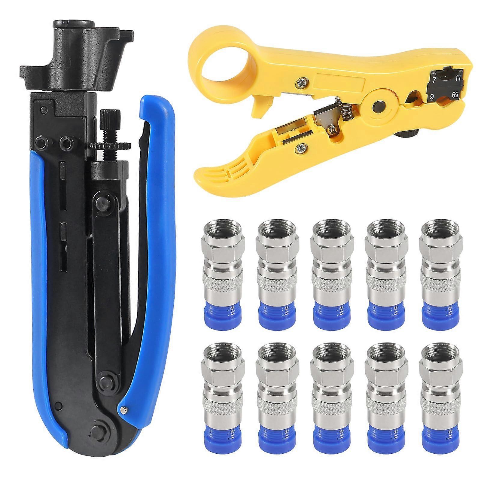 Coaxial Compression Tool Adjustable Crimper Kit For RG6 RG59 RG11 With Stripper And 10 F Connectors Blue