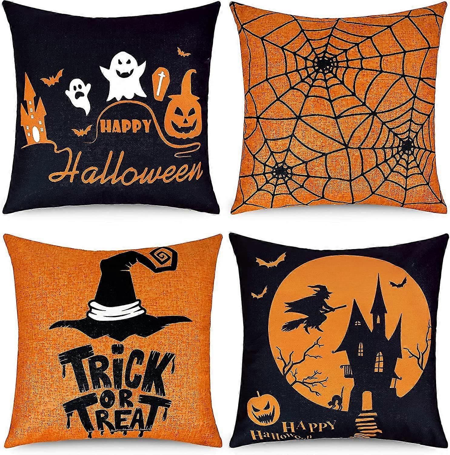 4ピースハロウィーンの装飾リネンの枕カバーハロウィーンの装飾オレンジと黒の装飾18 X 18 Inche