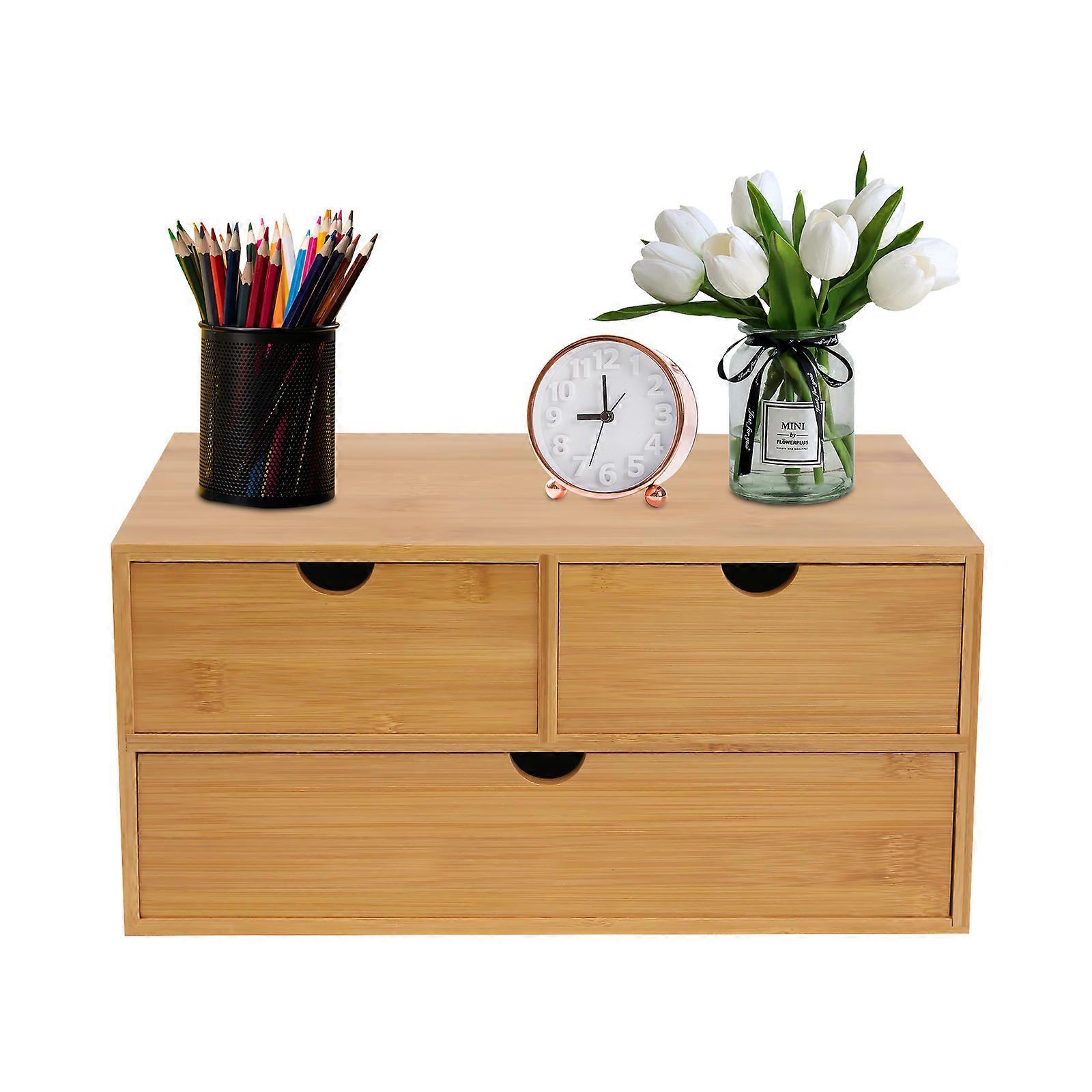 Organisateur de bureau en bambou naturel avec 3 tiroirs - Couleur bois brut, 12,99 x 7,48 pouces, rangement polyvalent pour la maison / le bureau, respectueux de l’environnement et prêt à l’emploi