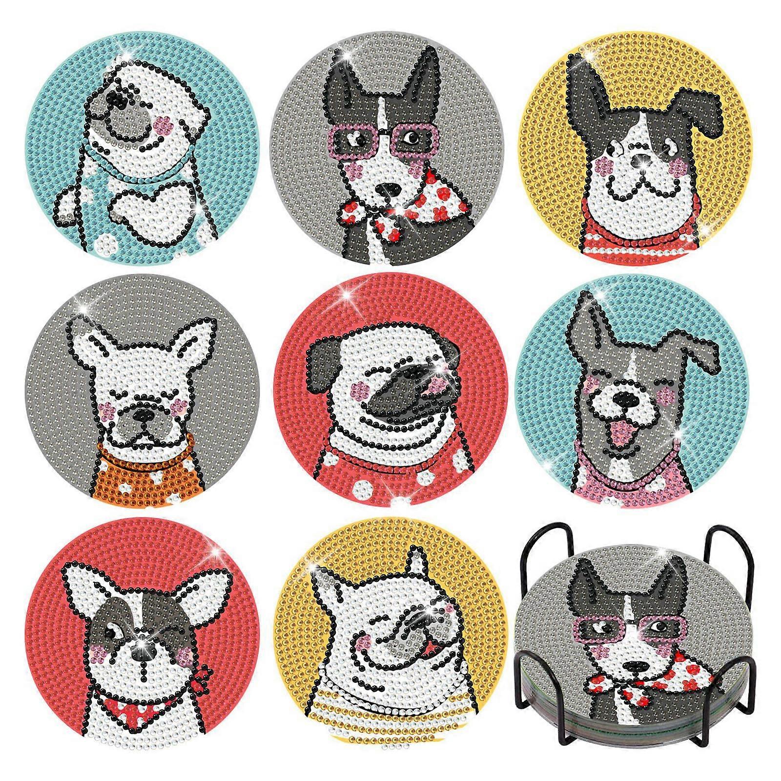 Dog Shaped Diamond Painting Coasters Set of 8, DIY Pet Art Kits with Holder, Craft Supplies for Beginners and Adults